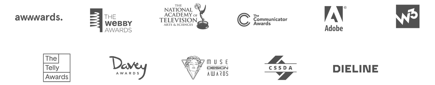 Award logos including Webby Awards, Emmy, Communicator Awards, Adobe, W3 Awards, Telly Awards, Davey Awards, Muse Design Awards, CSSDA, and Dieline